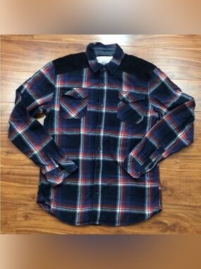 PX Mens Navy Red Plaid Front Pocket Button Down Shirt Size Medium Casual Western